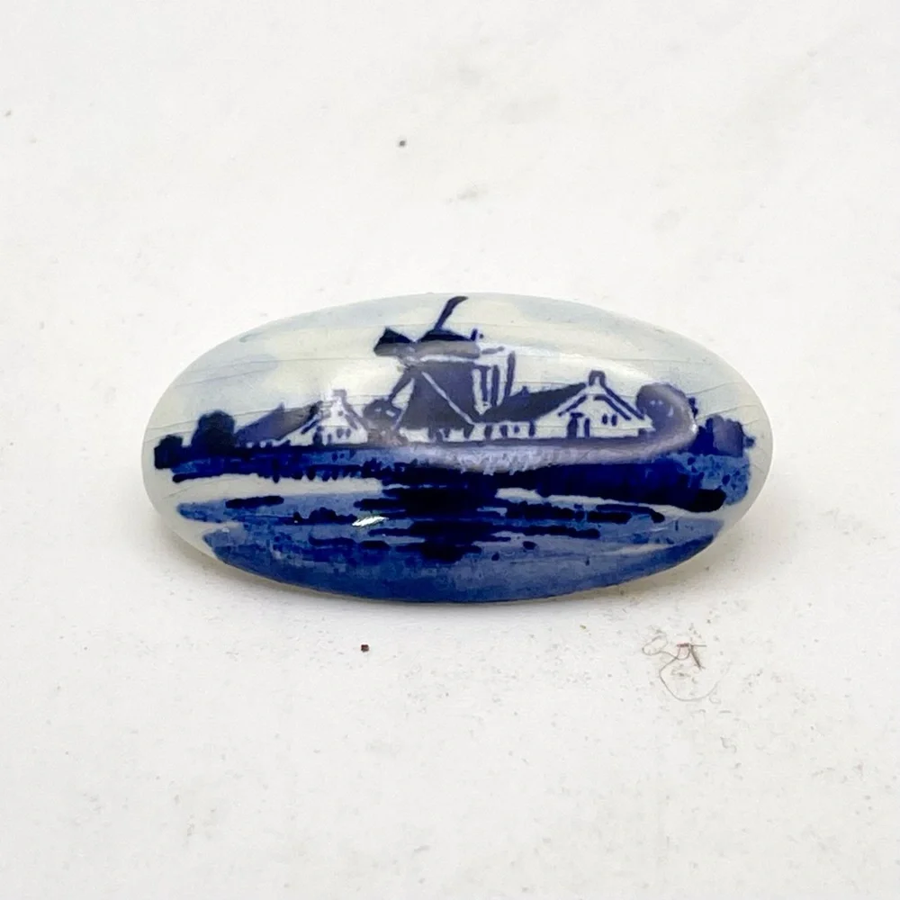 Collectible Vintage Delft Windmill Scene Porcelain Brooch Handcrafted Estate Pc